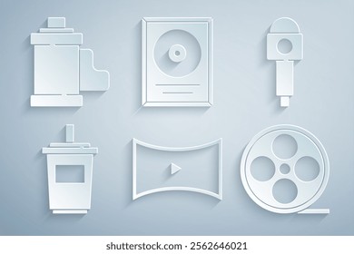 Set Online play video, Microphone, Paper glass with water, Film reel, CD disk award frame and Camera film roll cartridge icon. Vector