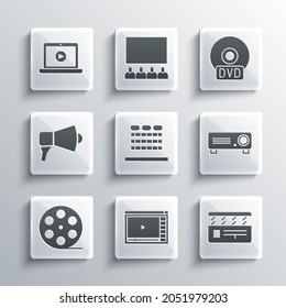 Set Online play video, Movie clapper, Movie, film, media projector, Cinema auditorium with seats, Film reel, Megaphone,  and CD DVD disk icon. Vector