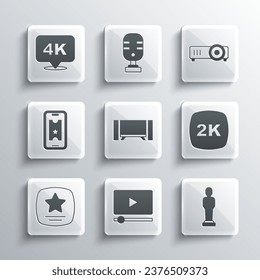 Set Online play video, Movie trophy, 2k Ultra HD, Smart Tv, Walk of fame star, Buy cinema ticket online, 4k and Movie, film, film, media proyector icono. Vector