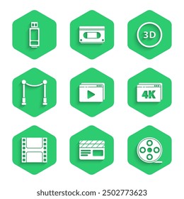 Set Online play video, Movie clapper, Film reel, with 4k, Play Video, Carpet barriers, 3D word and USB flash drive icon. Vector