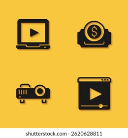 Set Online play video, Movie, film, media projector and Cinema ticket icon with long shadow. Vector