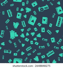 Set Online play video, Movie, film, media projector, Camera vintage film roll cartridge and Screen tv with Smart video on seamless pattern. Vector
