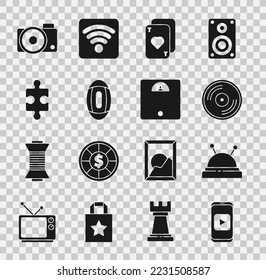 Set Online play video, Needle bed and needles, Vinyl disk, Playing cards, American Football ball, Piece of puzzle, Photo camera and Bathroom scales icon. Vector