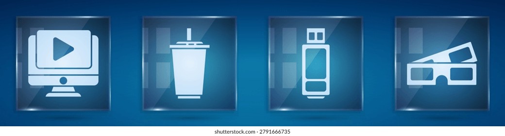 Set Online play video, Paper glass with water, USB flash drive and 3D cinema glasses. Square glass panels. Vector