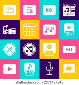 Set Online play video, Pause button, MOV file, Music or settings, playlist, Cinema camera, Repeat track music player and note, tone icon. Vector