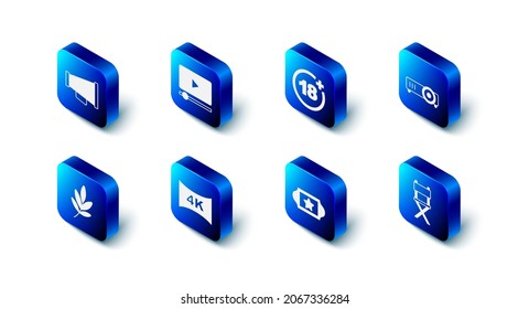 Set Online play video, Plus 18 movie, Movie, film, media projector, Director chair, Cinema ticket, Screen tv with 4k, trophy and Megaphone icon. Vector