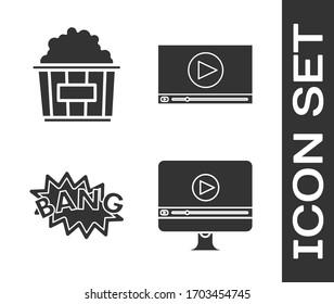 Set Online play video , Popcorn en caja de cartón , Bang boom texto boom globo de burbuja de habla y en línea reproducir vídeo icono. Vector