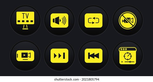 Set Online play video, Prohibition no recording, Fast forward, Rewind button, Repeat, Speaker volume,  and Smart Tv icon. Vector