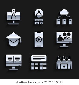 Set Online play video, quiz, test, survey, class, education, book monitor, Graduation cap globe, Cloud online library and Video chat conference icon. Vector