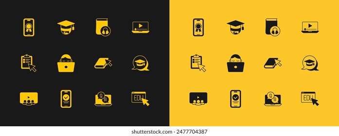 Set Online play video, quiz, test, survey, book, Question and Answer, Student working at laptop, Audio, education with diploma and Graduation cap globe icon. Vector