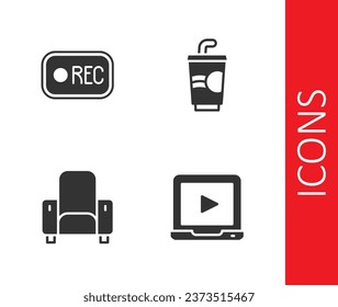 Set Online play video, Record button, Cinema chair and Paper glass with water icon. Vector