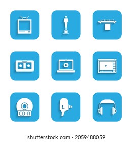 Set Online play video, Retro cinema camera, Headphones, CD or DVD disk, VHS cassette tape, Limousine car and carpet and tv icon. Vector