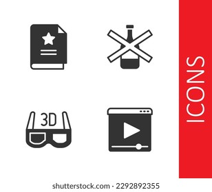 Set Online play video, Scenario, 3D cinema glasses and No alcohol icon. Vector