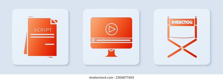 Set Online play video , Scenario  and Director movie chair . White square button. Vector