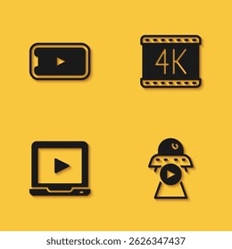 Set Online play video, Science fiction,  and 4k movie icon with long shadow. Vector