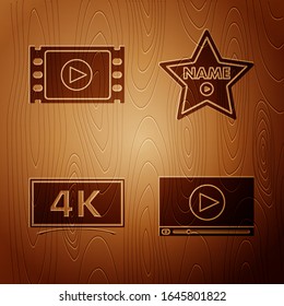 Set Online play video , Play Video , Screen tv with 4k Ultra HD video technology  and Hollywood walk of fame star on celebrity boulevard  on wooden background. Vector