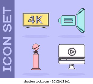 Set Online play video , Screen tv with 4k Ultra HD video technology , Trophy Golden Globe  and Movie spotlight  icon. Vector