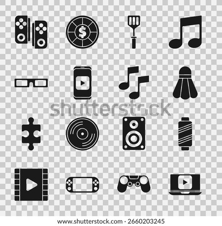 Set Online play video, Sewing thread on spool, Badminton shuttlecock, Spatula, Cinema glasses, Gamepad and Music note, tone icon. Vector