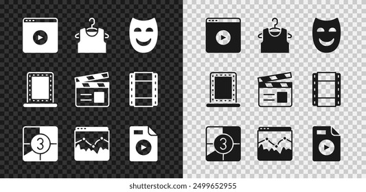 Set Online play video, Sleeveless T-shirt, Comedy theatrical mask, Old film movie countdown frame, Music wave equalizer, AVI file document, Makeup mirror with lights and Movie clapper icon. Vector