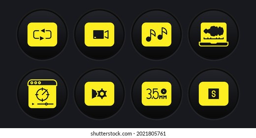 Set Online play video, Sound or audio recorder, Music settings, Audio jack, note, tone, Play button, Stop media and Repeat icon. Vector