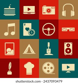 Set Online play video, Stereo speaker, 3D cinema glasses, Photo camera, Casino chip and playing cards, Music note, tone, Cake and Steering wheel icon. Vector