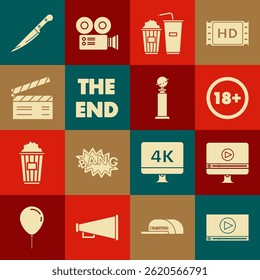 Set Online-Spielvideo, Unter 18 Jahren, Popcorn und Soda-Drink-Glas, Das Ende handgeschriebene Inschrift, Filmklatscher, Messer und Trophäe Golden Globe Symbol. Vektorgrafik
