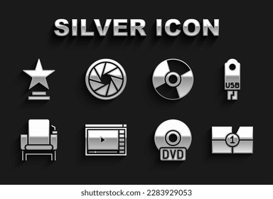 Set Online play video, USB flash drive, Old film movie countdown frame, CD or DVD disk, Cinema chair, Movie trophy and Camera shutter icon. Vector