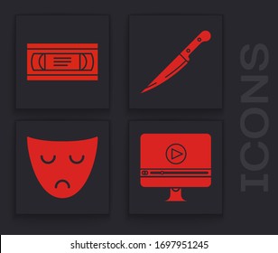 Set Online play video , VHS video cassette tape , Knife  and Drama theatrical mask  icon. Vector