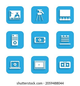 Set Online play video, VHS cassette tape, Cinema auditorium with seats, Remote control, screen and  icon. Vector