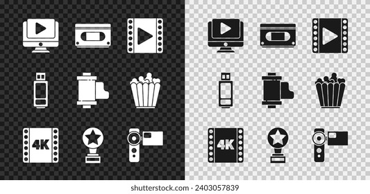 Set Online play video, VHS cassette tape, Play Video, 4k movie, frame, Movie trophy, Cinema camera, USB flash drive and Camera vintage film roll cartridge icon. Vector