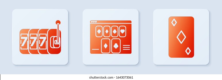 Set Online poker table game, Slot machine with lucky sevens jackpot and Playing card with diamonds symbol. White square button. Vector