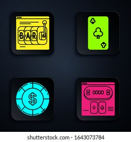 Set Online poker table game, Online slot machine, Casino chip with dollar symbol and Playing card with clubs symbol. Black square button. Vector