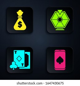 Set Online poker table game, Money bag, Playing card with diamonds and Lucky wheel. Black square button. Vector