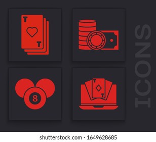 Set Online poker table game, Playing card with heart, Casino chips and stacks money cash and Billiard pool snooker 8 ball icon. Vector