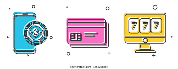 Set Online poker table game, Credit card and Online slot machine with lucky sevens jackpot icon. Vector