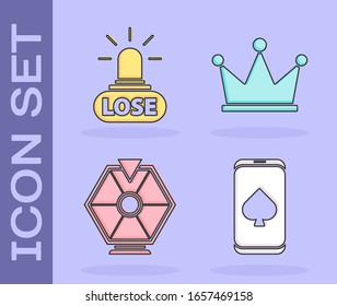 Set Online poker table game, Casino losing, Lucky wheel and Crown icon. Vector