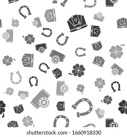 Juego de mesa de póquer en línea, Horseshoe, Four leaf clover y juego de mesa de póquer en línea en un patrón impecable. Vector