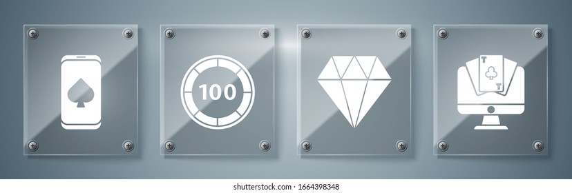 Set Online poker table game, Diamond, Casino chips and Online poker table game. Square glass panels. Vector