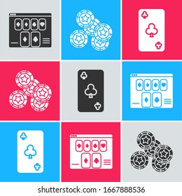 Set Online poker table game, Casino chips and Playing card with clubs symbol icon. Vector