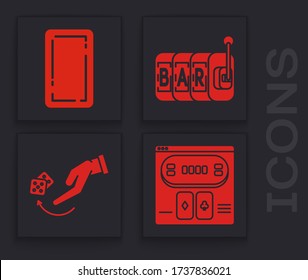 Set Online poker table game, Playing card back, Slot machine and Human hand throwing game dice icon. Vector