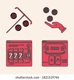 Set Online poker table game, Stick for chips, Hand holding casino chips and Online slot machine with lucky sevens jackpot icon. Vector