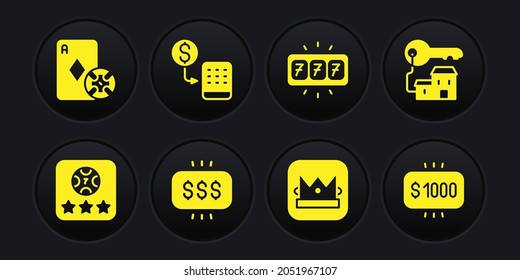 Set Online poker table game, Winning house with key, Money prize casino, King playing card, Slot machine jackpot, Casino chips exchange,  and and cards icon. Vector