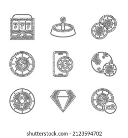 Juego de mesa de póquer en línea, Diamond, fichas de casino, rueda de ruleta y máquina de ranura con icono de jackpot. Vector