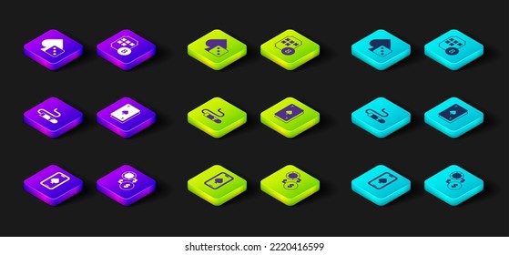 Set Online poker table game, Casino chips exchange on money, Cigar, Playing card with spades, Lottery ball bingo and Game dice icon. Vector
