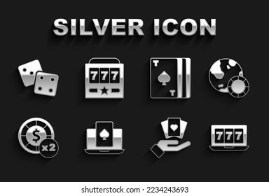 Set Online poker table game, Casino chips, slot machine with jackpot, Hand holding playing cards, Deck of, Game dice and Slot icon. Vector