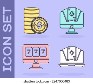 Set Online poker table game, Casino chip with dollar, Online slot machine with lucky sevens jackpot and Online poker table game icon. Vector