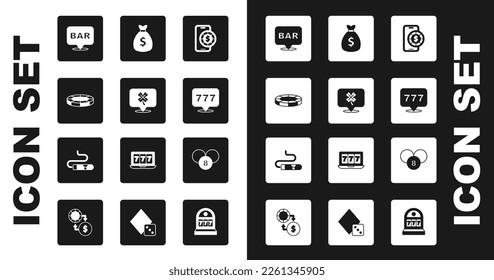 Set Online poker table game, Casino slot machine with clover, chips, Alcohol bar location, Slot jackpot, Money bag, Lottery ball bingo card and Cigar icon. Vector