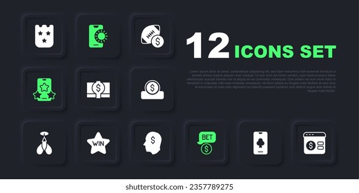 Set Online poker table game, Stacks paper money cash, Casino chip with dollar, sports betting, win,  and Lucky player icon. Vector