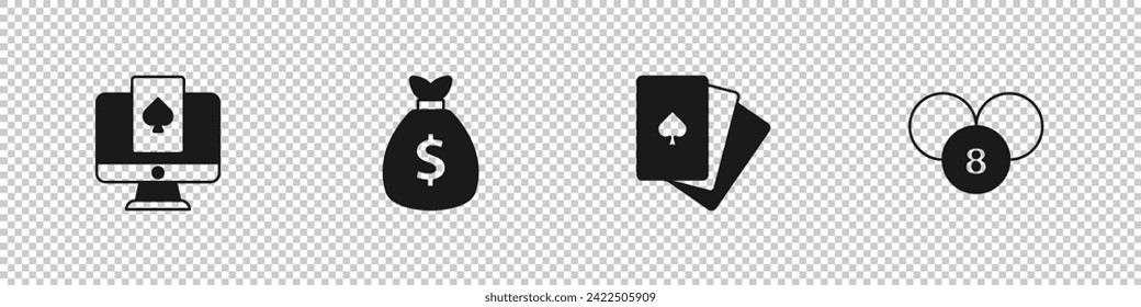 Set Online poker table game, Money bag, Deck of playing cards and Lottery ball bingo icon. Vector