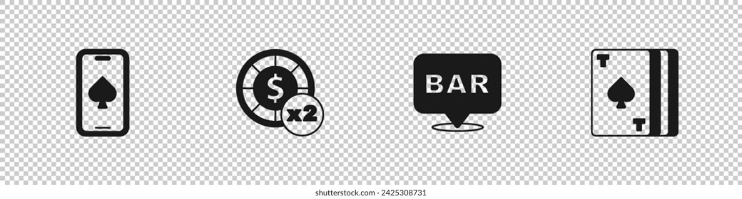 Set Online poker table game, Casino chips, Alcohol bar location and Deck of playing cards icon. Vector